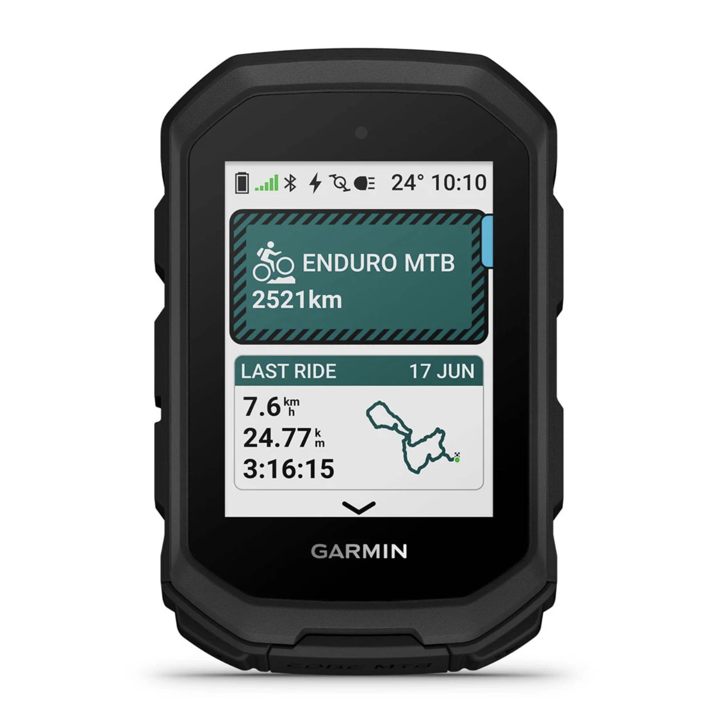Garmin Edge MTB Radcomputer, Frontansicht mit Startbildschirm und Enduro-MTB-Profil