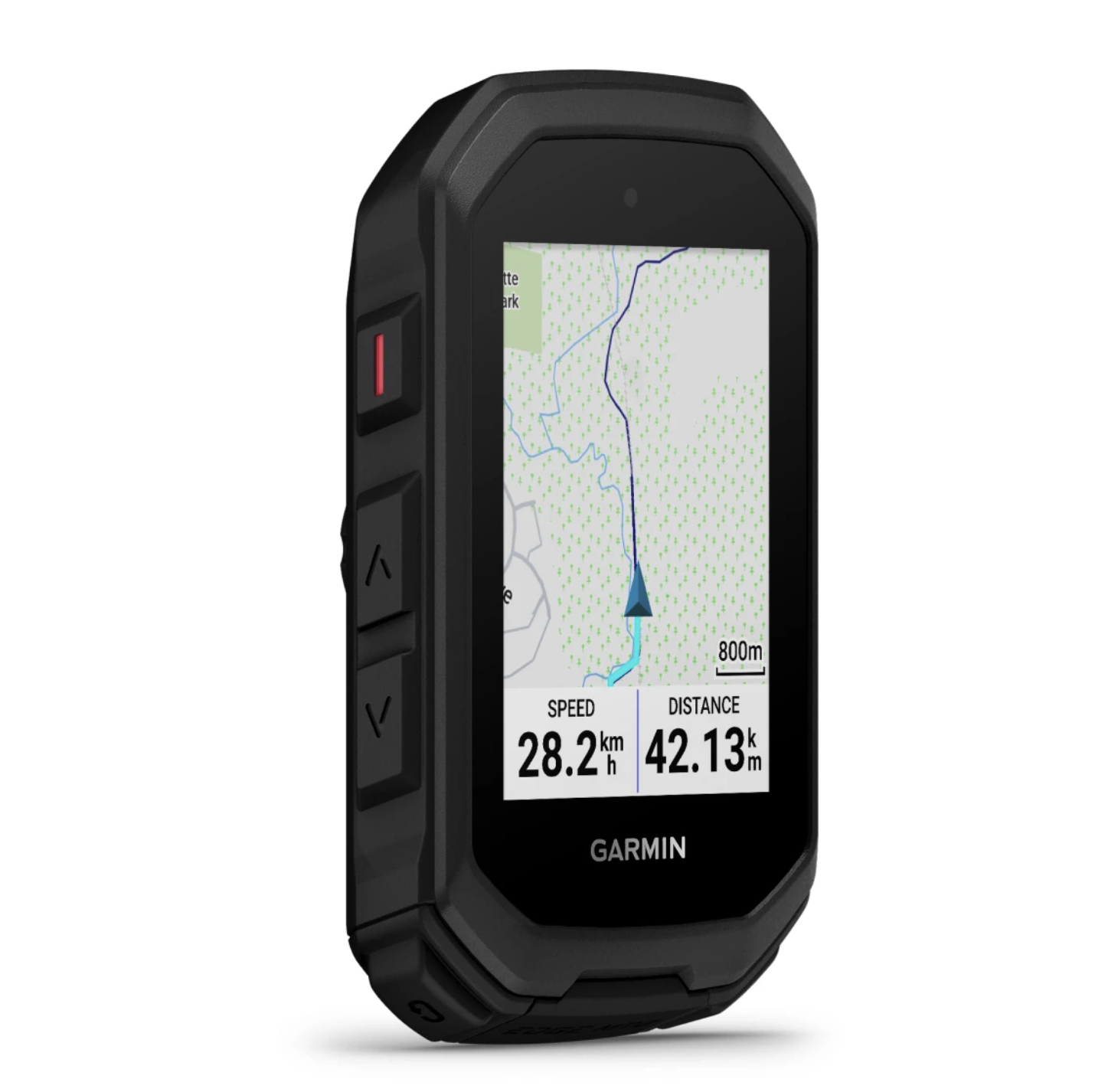 Garmin Edge MTB Radcomputer in Schrägansicht mit Kartenansicht, Geschwindigkeit und Distanz
