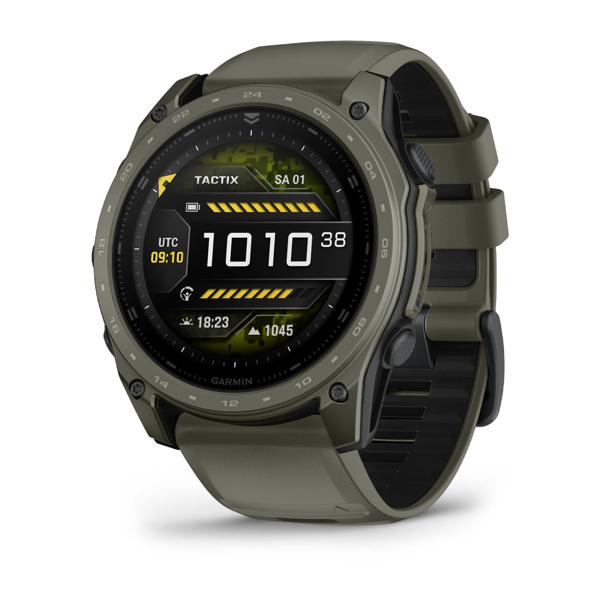 Garmin tactix 8 – AMOLED, 51mm – Titan-Lünette mit Cerakote-Beschichtung Olivgrün und zweifarbigem Silikon-Armband Garmin tactix 8 AMOLED 51mm Cerakote Olivgrün, Ansicht 1