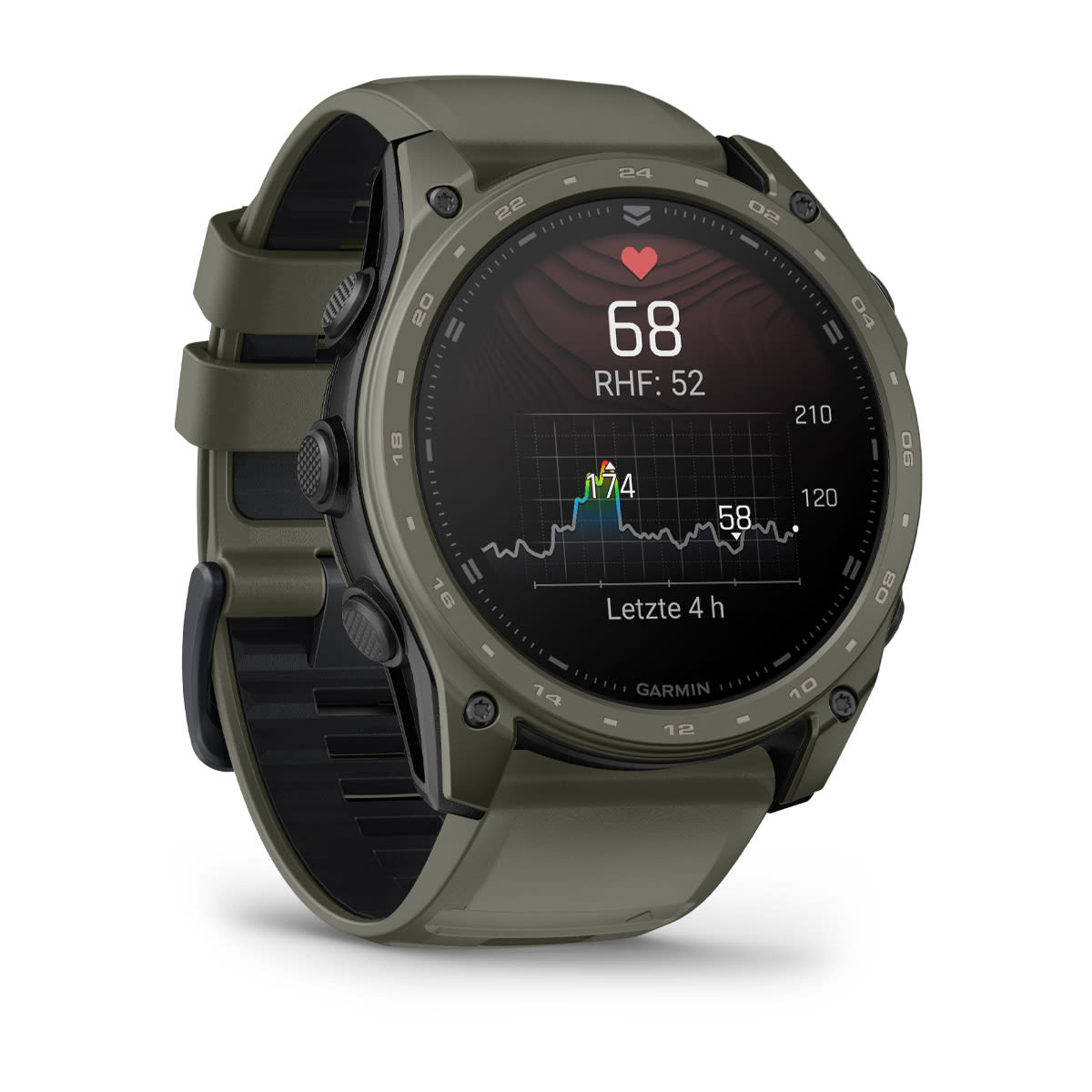 Garmin tactix 8 – AMOLED, 51mm – Titan-Lünette mit Cerakote-Beschichtung Olivgrün und zweifarbigem Silikon-Armband Garmin tactix 8 AMOLED 51mm Cerakote Olivgrün, Ansicht 3