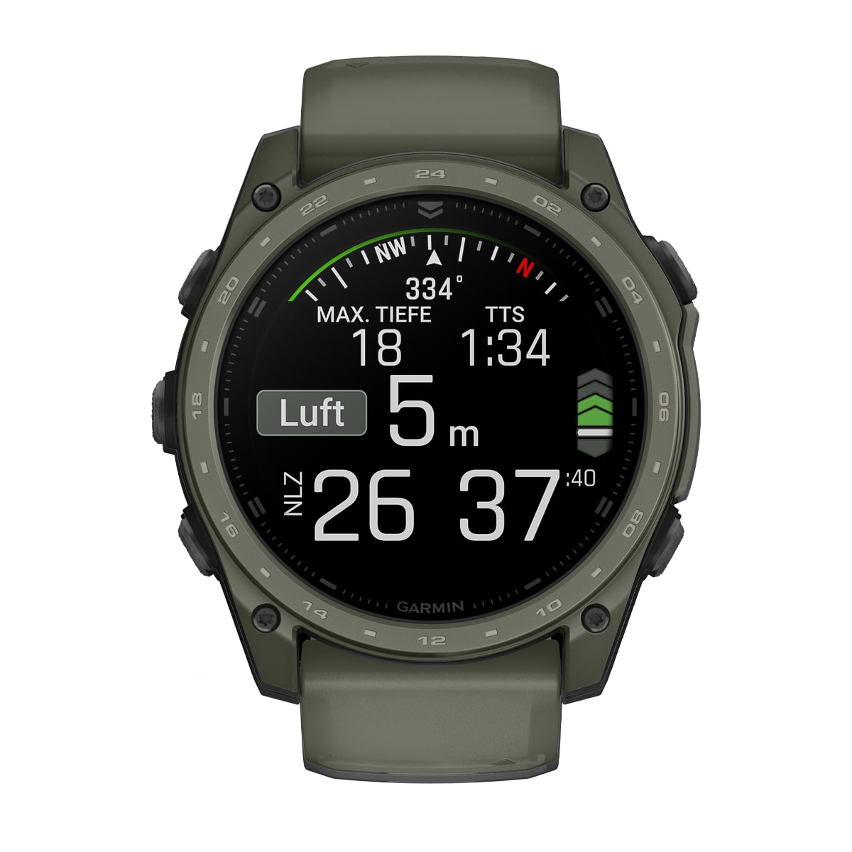 Garmin tactix 8 – AMOLED, 51mm – Titan-Lünette mit Cerakote-Beschichtung Olivgrün und zweifarbigem Silikon-Armband Garmin tactix 8 AMOLED 51mm Cerakote Olivgrün, Ansicht 8